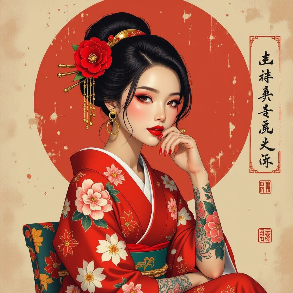 East Asian Woman with Tattoo Sleeve, Anime Style