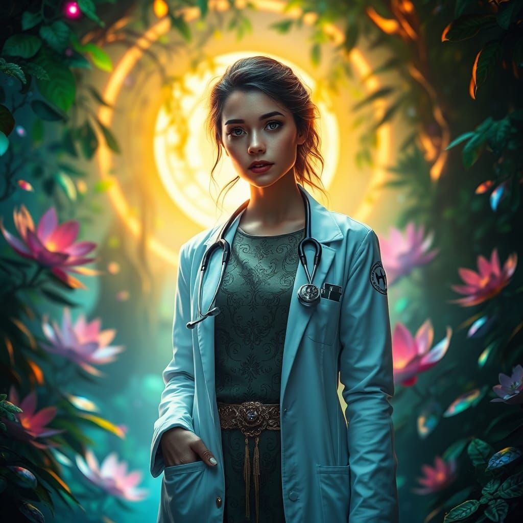 Beautiful Doctor in Mystical Dreamscape, Digital Art
