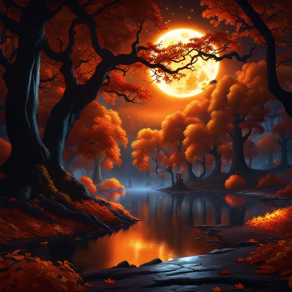 Haunted Autumn Forest with Magical Lake, Dark Fantasy