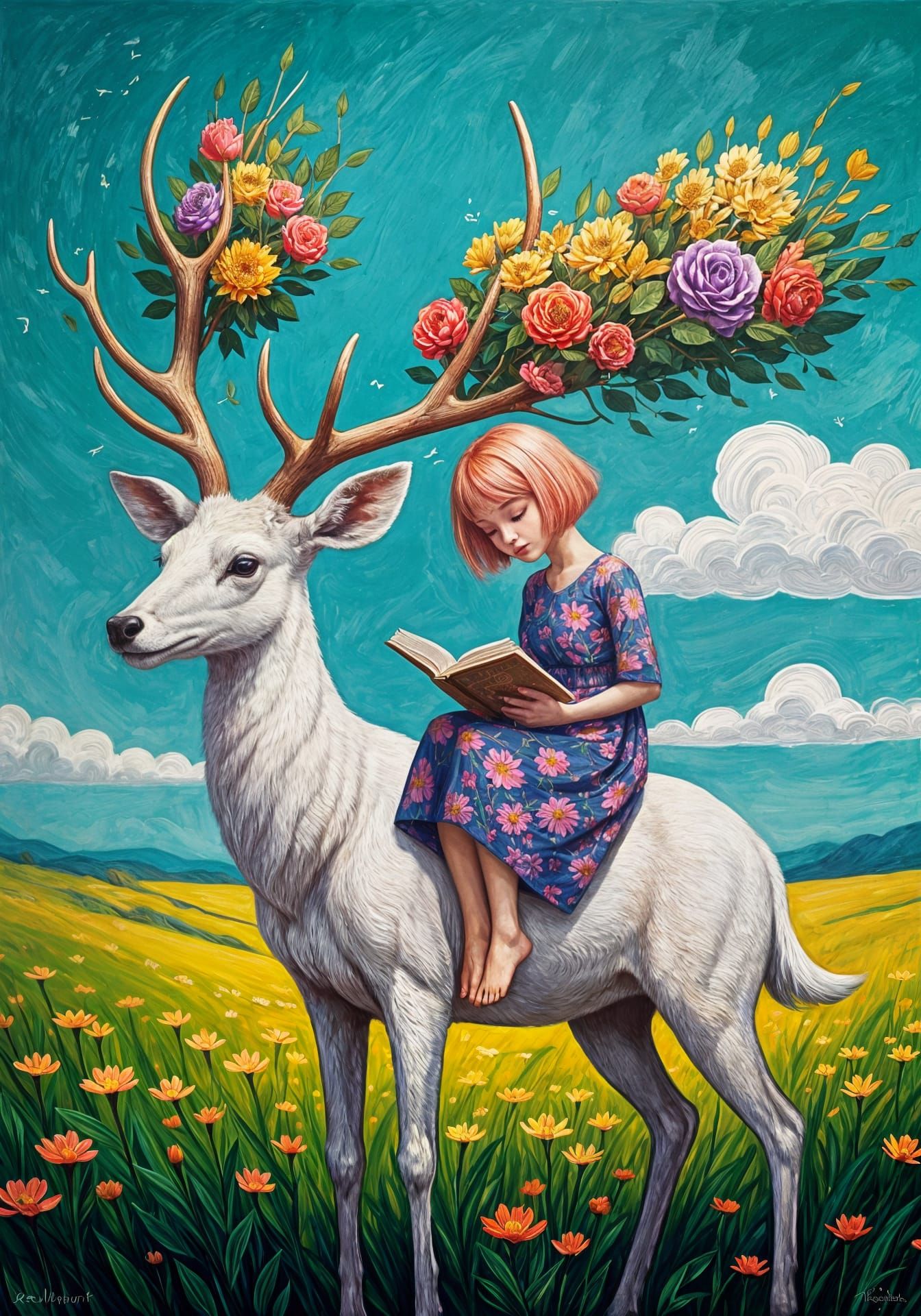 Girl Reading on Deer with Floral Canopy, in Expressionist St...