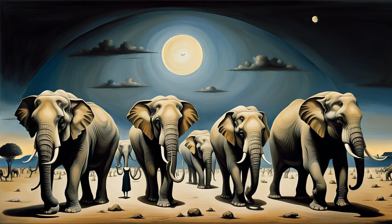 Night Elephant Parade: Surreal Oil Painting