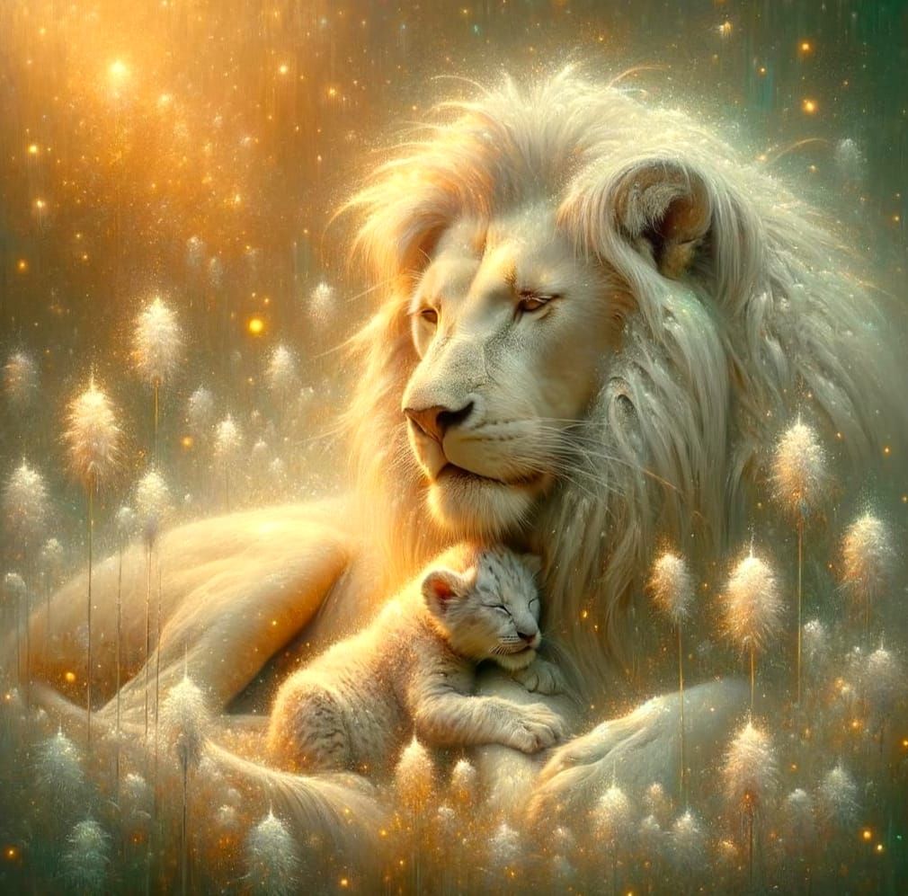 Majestic Lion and Cub in Painterly Golden Light