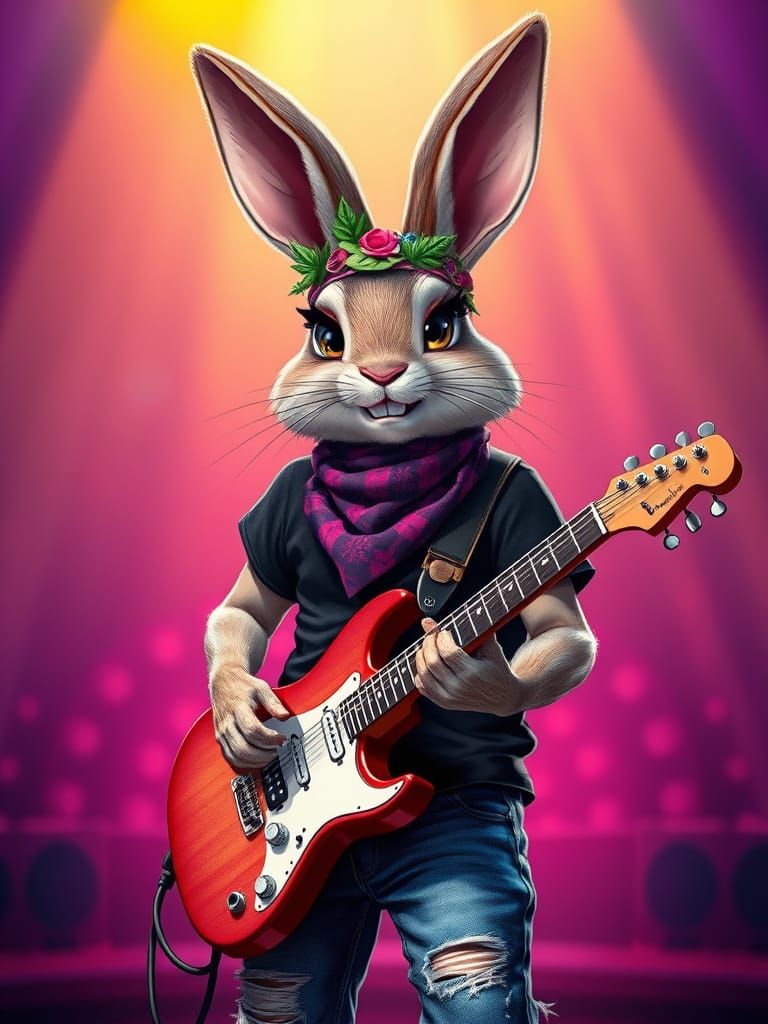 Stylish Bunny Rocker with Vibrant Stage Backdrop