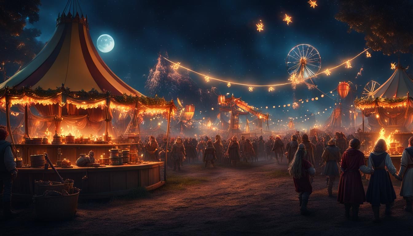 Fantastical Country Fair at Night in Matte Painting Style
