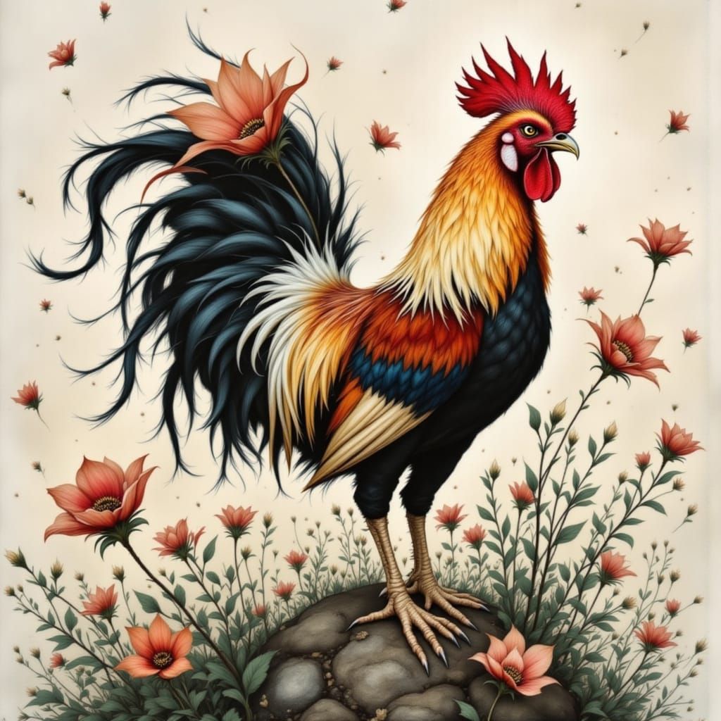 Rococo Rooster in Boucher Style