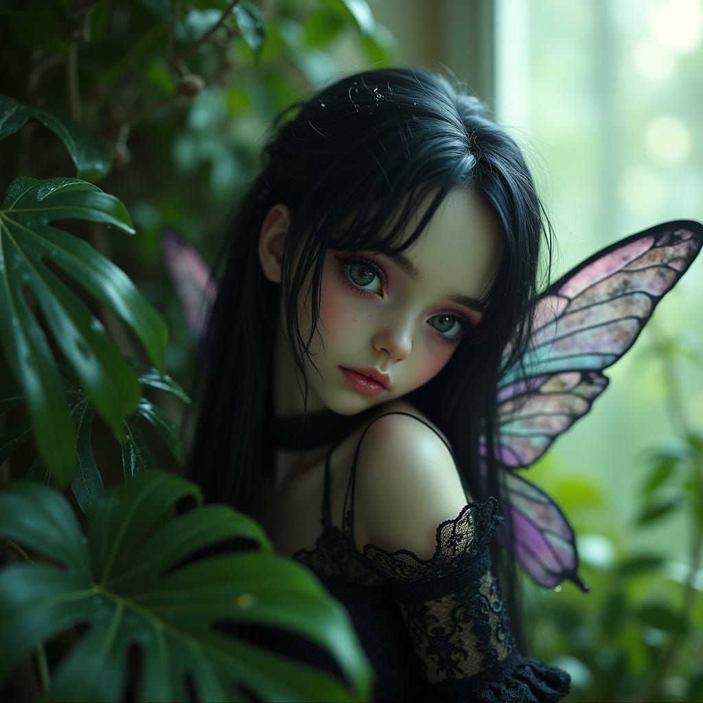 Whispering Gothic Fairy Amidst Lush Greenery