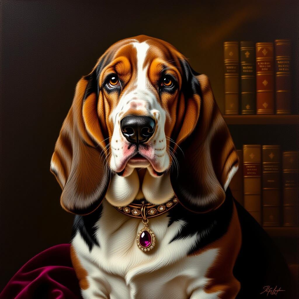 Regal Basset Hound in Neoclassical Oil Portrait