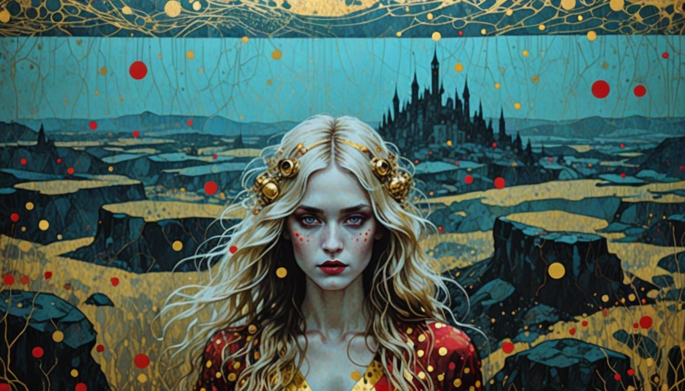 Girl in Gold Foil Polka Dot Grunge Landscape