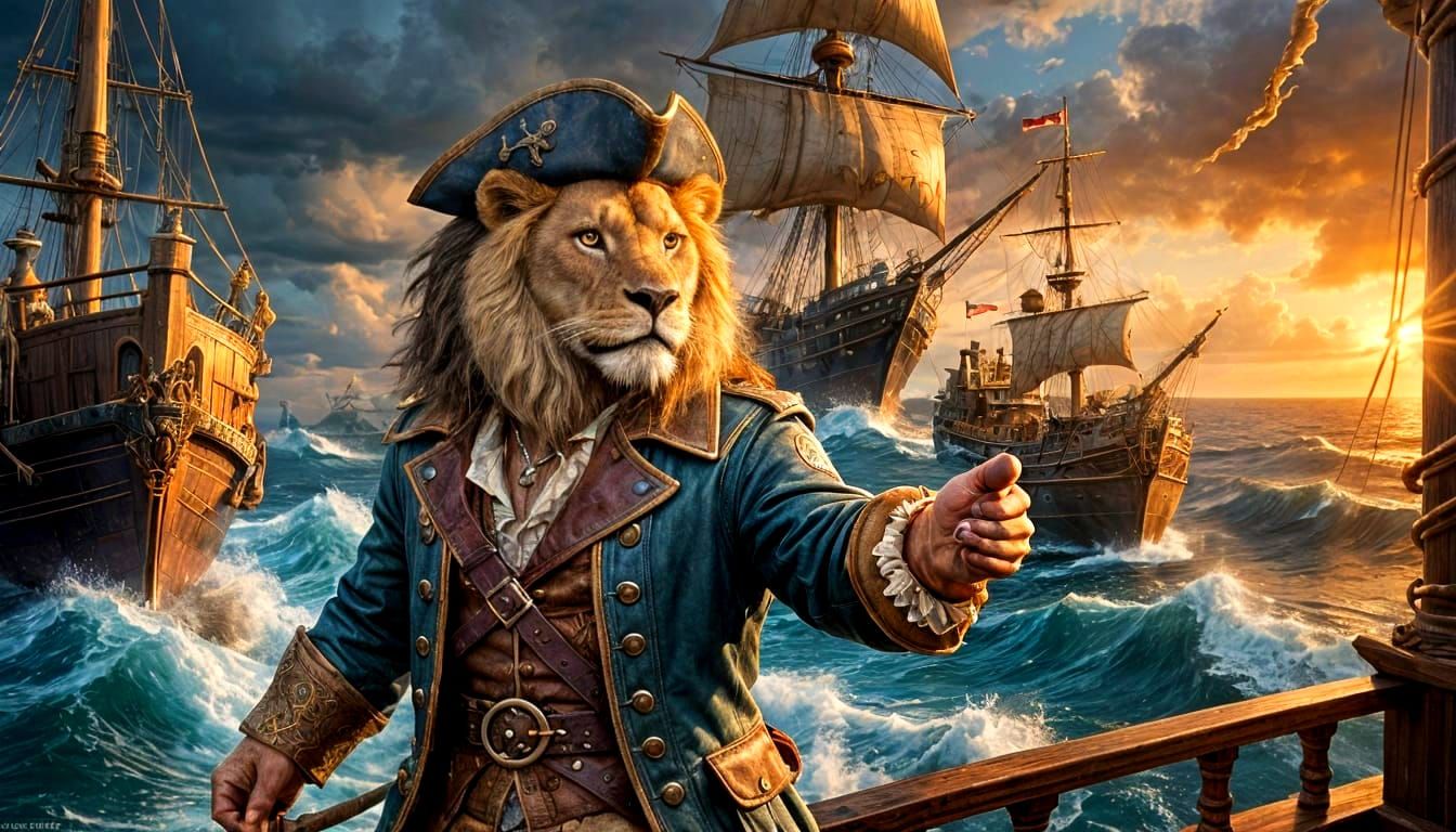 Lion Pirate Captain on Stormy Seas in Detailed Rendering