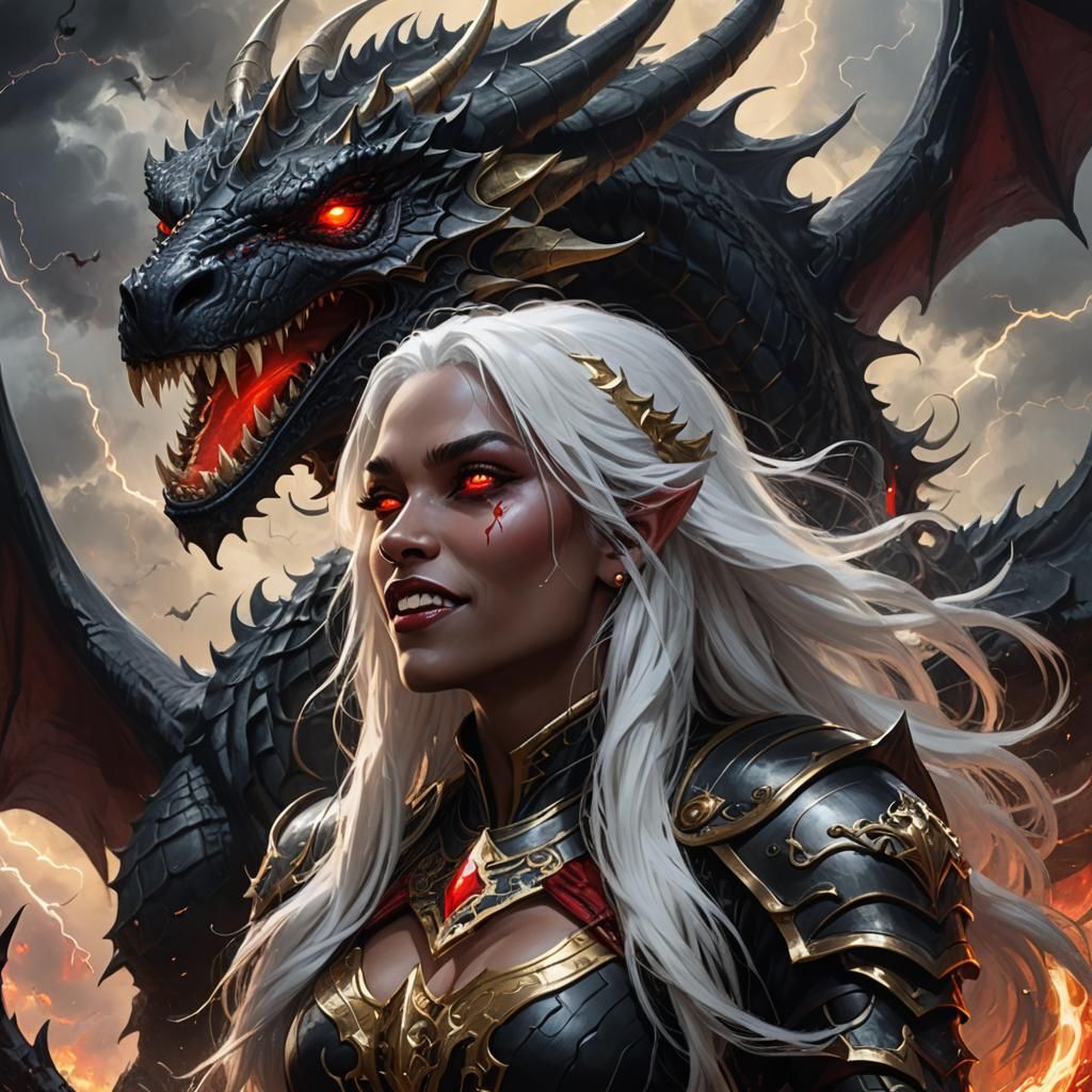 Drow Queen on Black Dragon, Fantasy Art