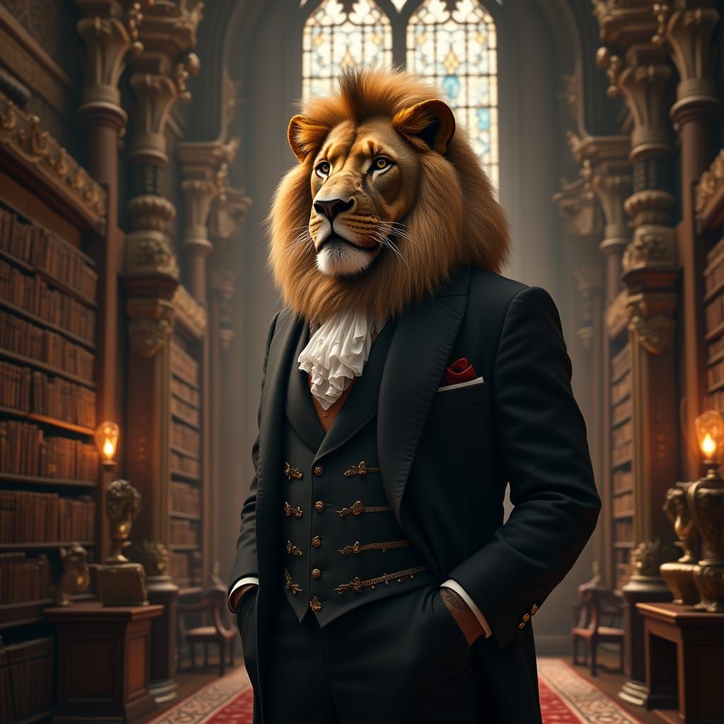 Sophisticated Lion in Library, Hyperrealistic Digital Art