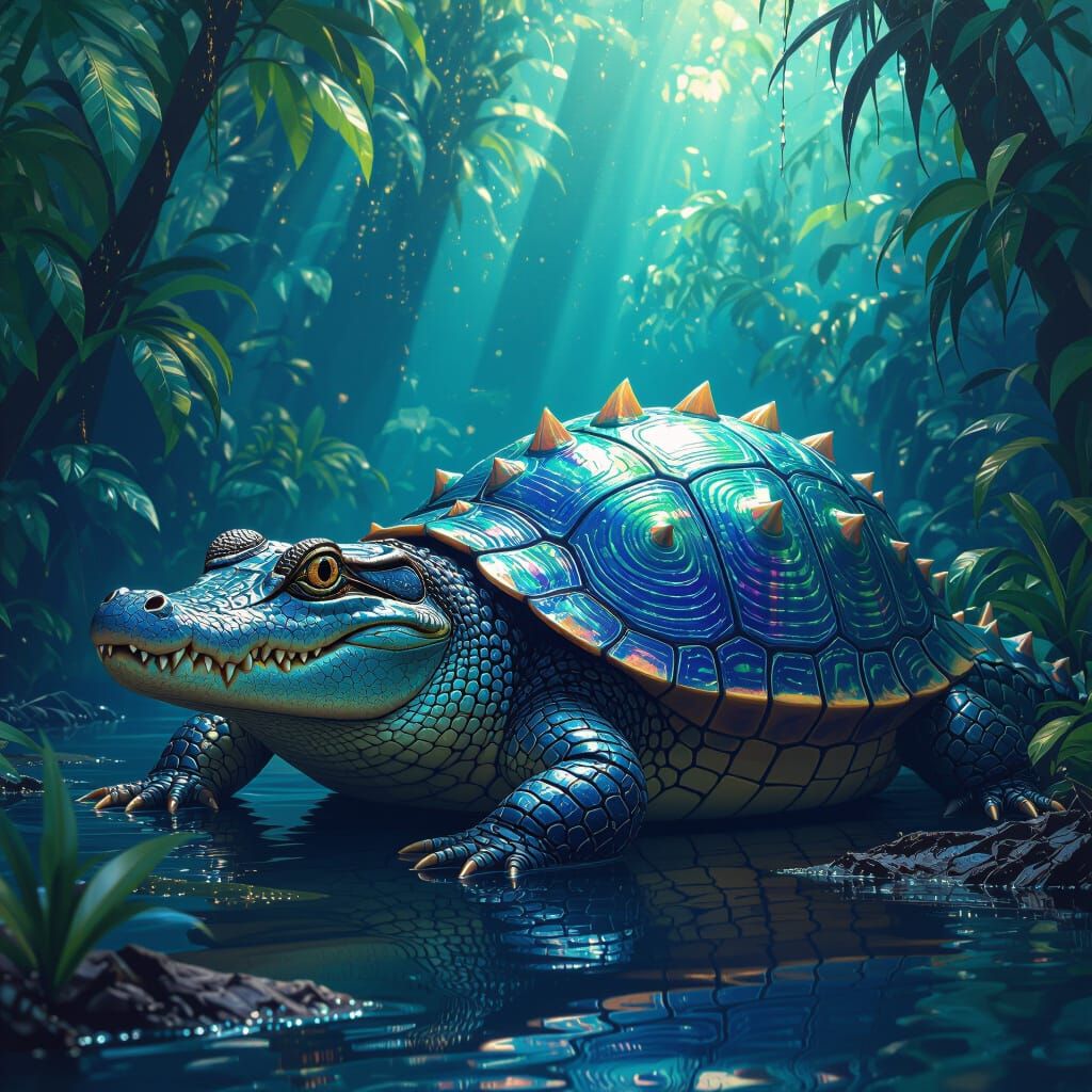 Crocodile-Snail Hybrid in Surreal Dreamscape