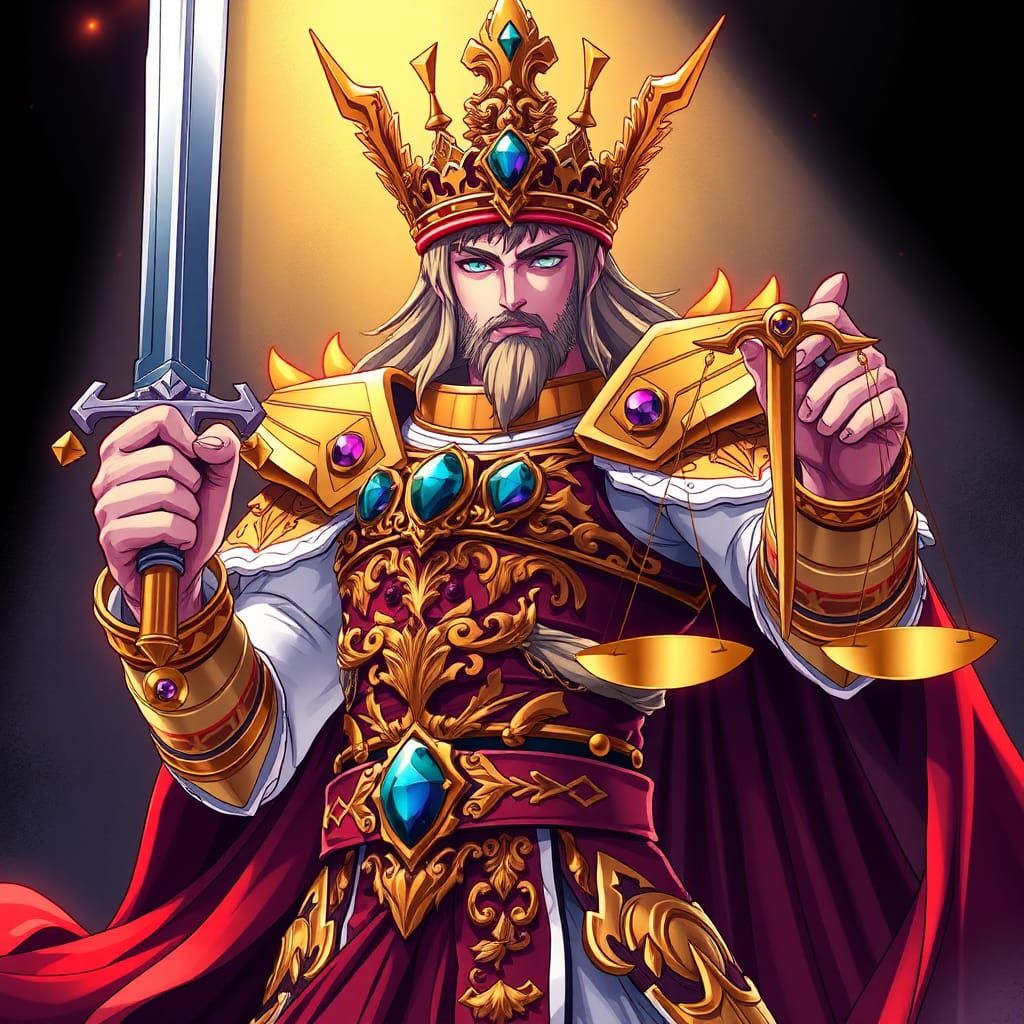 Regal King with Sword and Scales in Anime Style