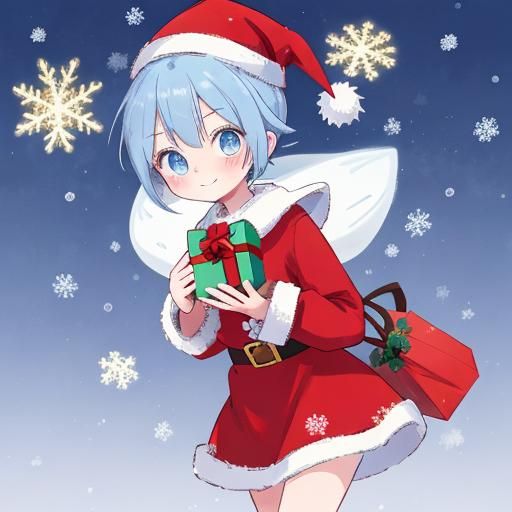 Anime Girl in Santa Costume Giving Gift