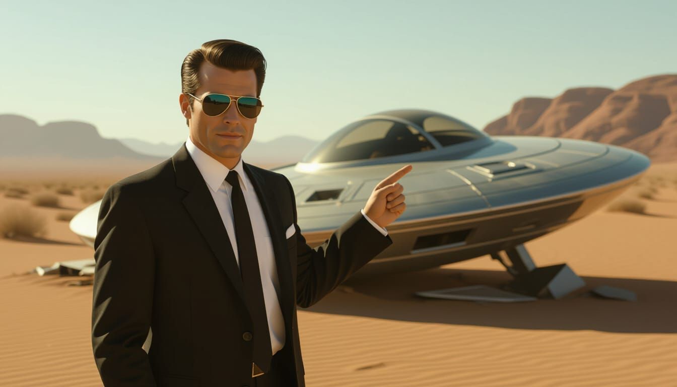 Confident 1950s Man Beside Crashed Retro UFO