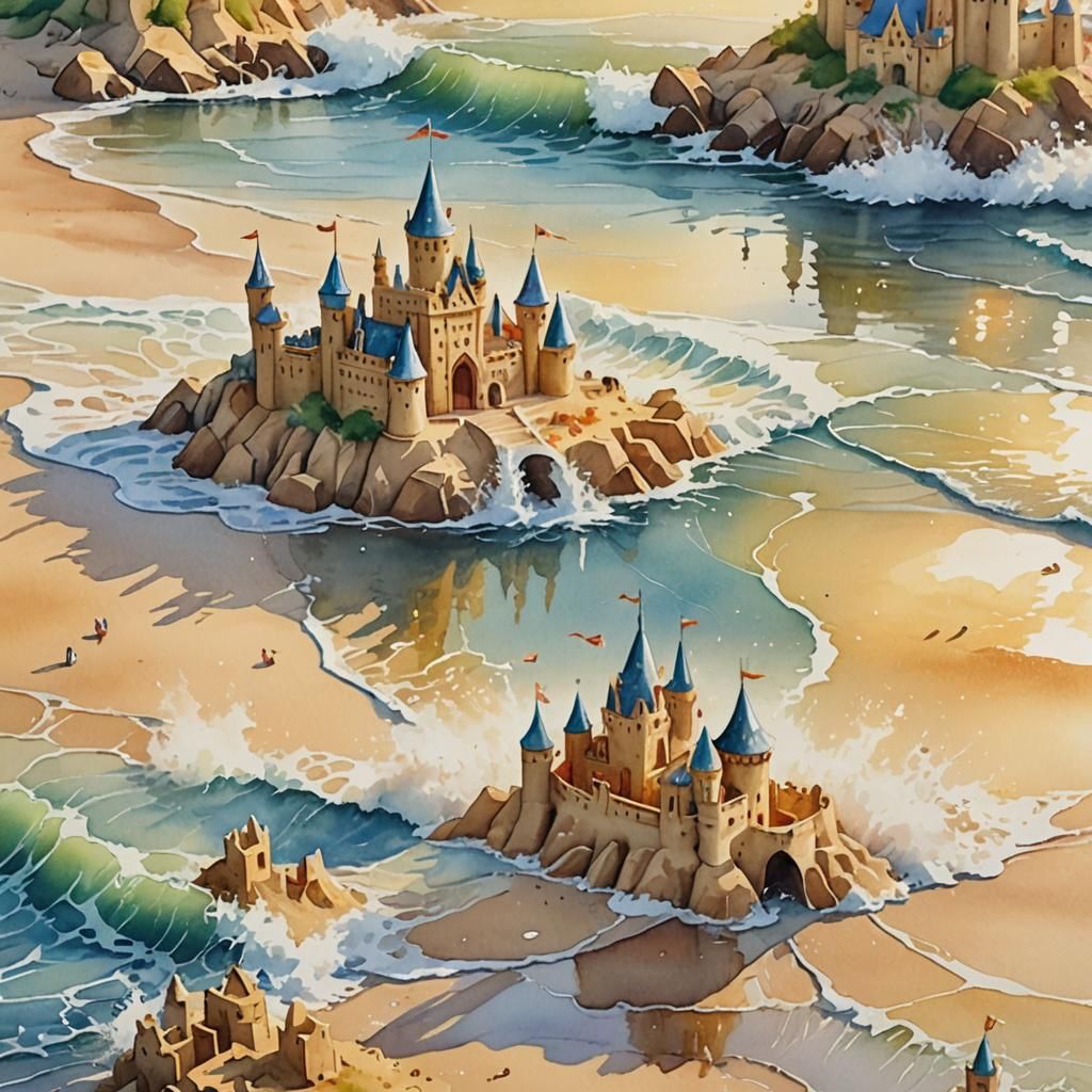 Beach Sandcastles Washed by Waves: Watercolor Painting