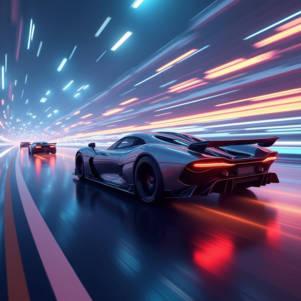 Futuristic Racing Car on Neon Track in Matte Painting Style