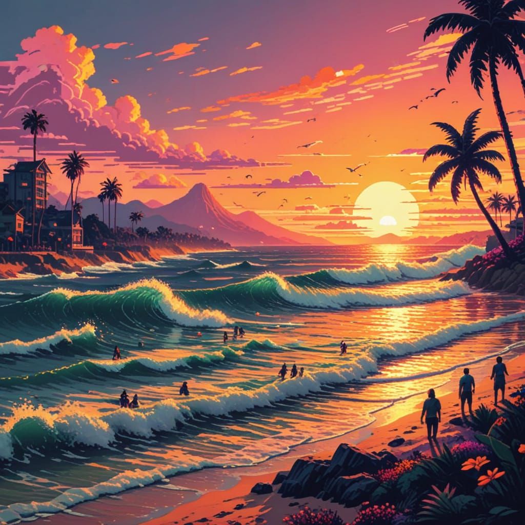 8-Bit Pixel Art Masterpiece of Beachside Surfing Scene