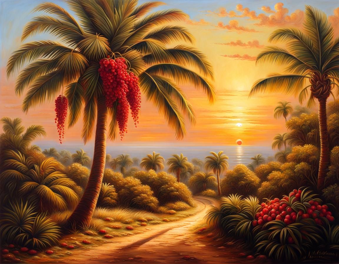 Sunrise Landscape with Palm Tree in Realism Style