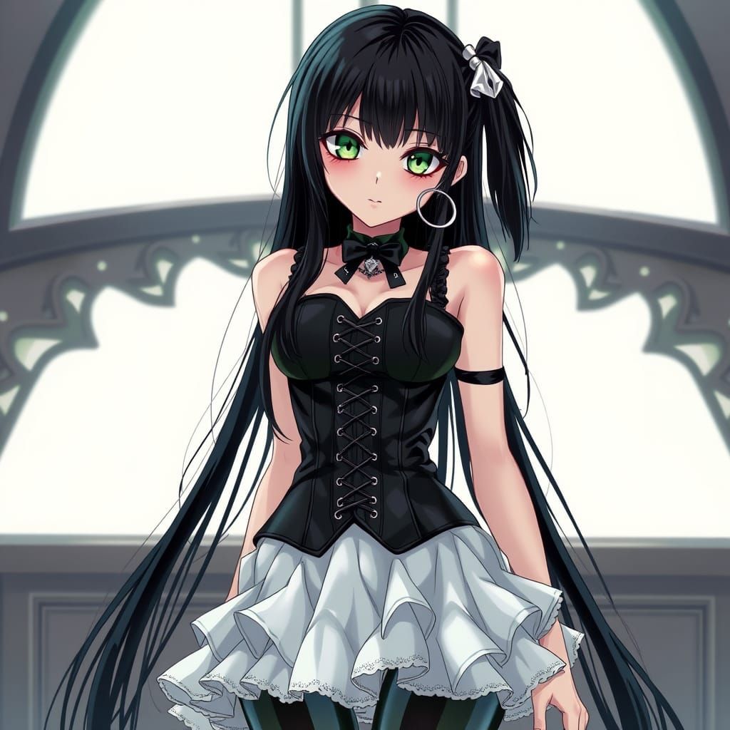 Gothic Anime Girl with Green Eyes in Manga Style