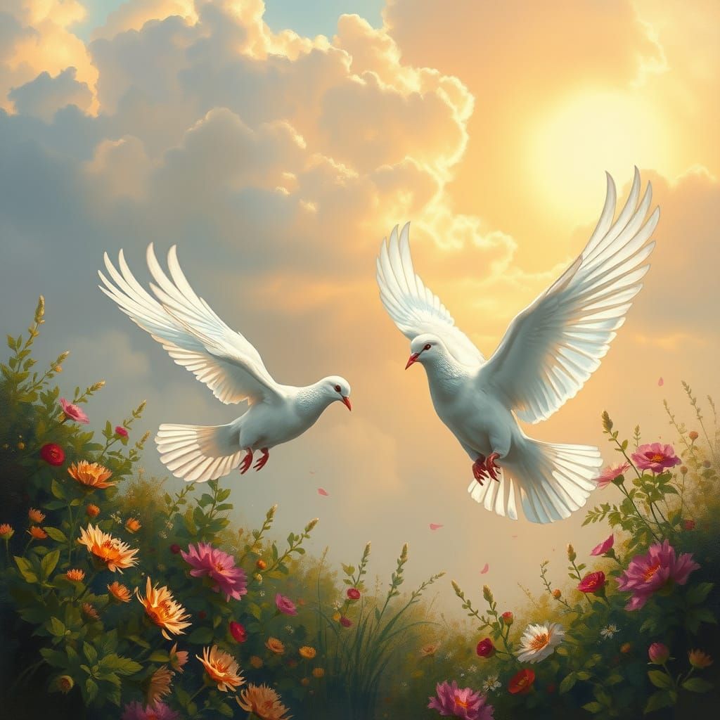 Serene White Doves in Impressionist Landscape