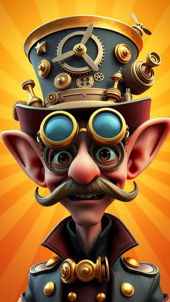 Steampunk Mad Hatter Cartoon Portrait in 3D