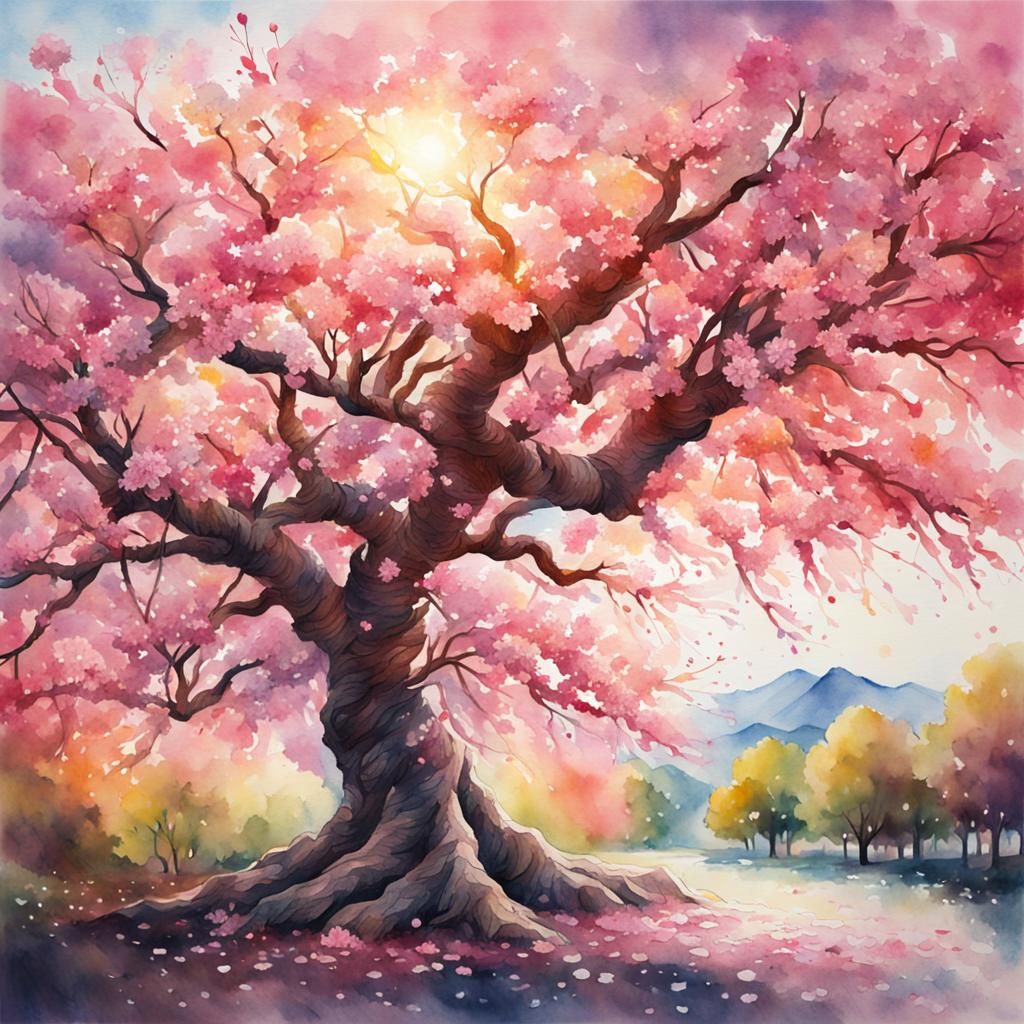 Hyperrealistic Watercolor Cherry Blossom Tree in Bloom