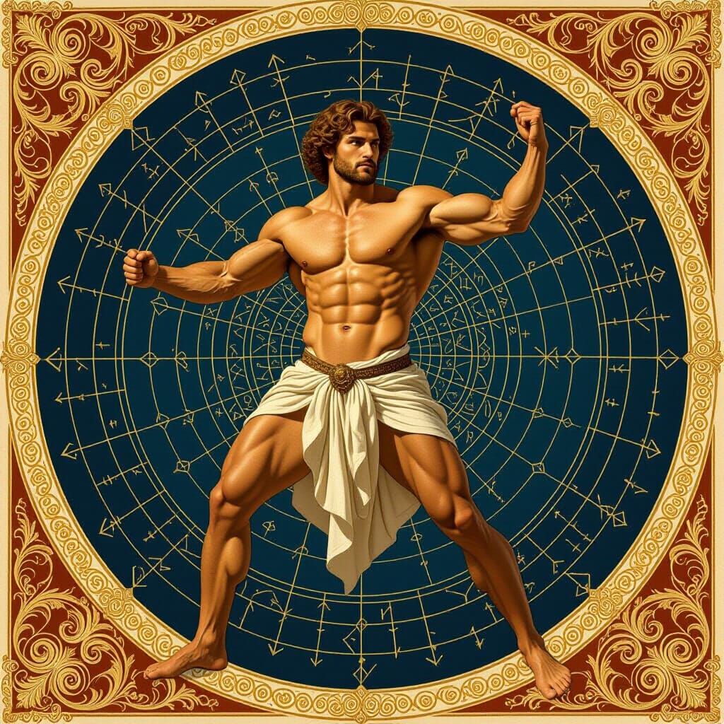 Muscular Man Poses Amidst Mathematical Equations