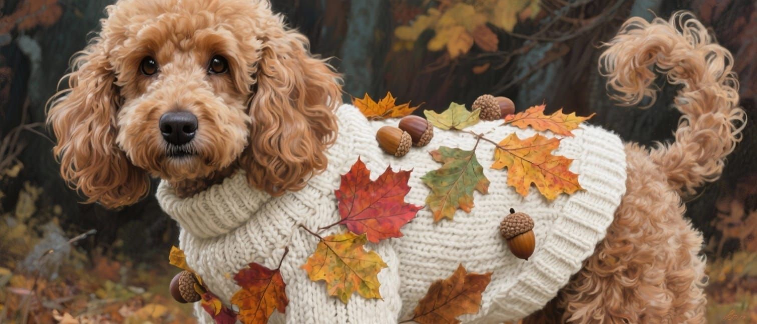Poodle in Autumn Sweater, Earthy Tones and Textures