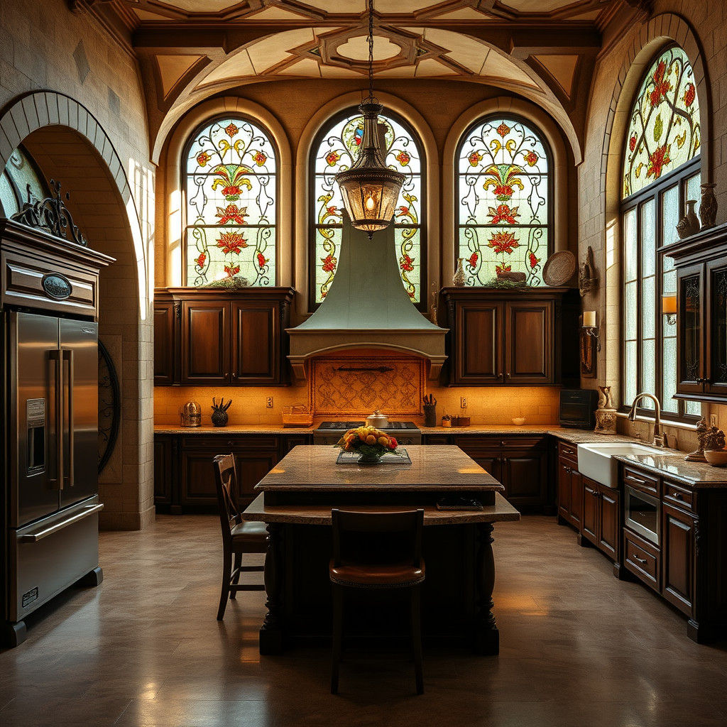Lavish French Kitchen with Stone Arches and Film Grain