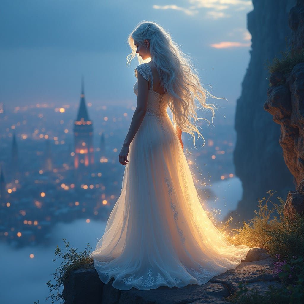 Mystical Maiden Basks in Radiant Aura with Cityscape at Dusk