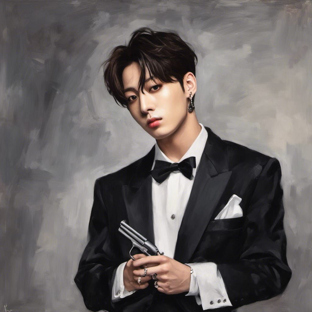 Portrait of Jungkook wearing a tuxedo and a gun by <lora:JK:1.0>