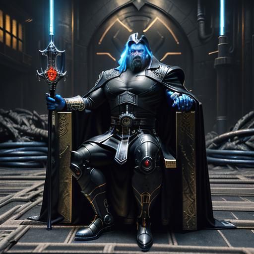 Cyberpunk Cyborg in Shadow Palace