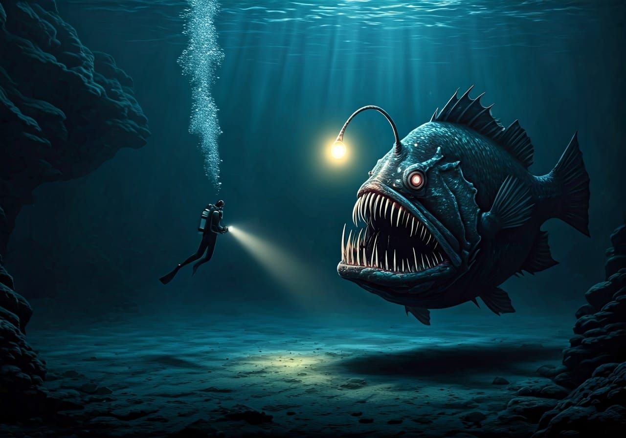 Deep Sea Diver and Angler Fish Encounter