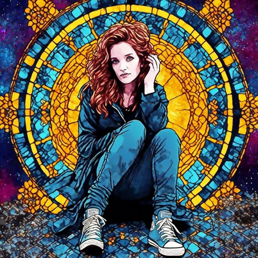 Grieving Woman in Graffiti Cemetery, Cosmic Art