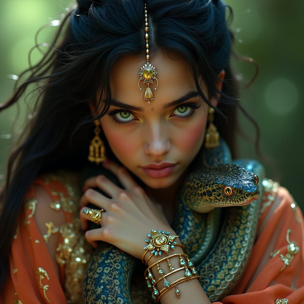 Beautiful Snake Charmer with Futuristic Jewelry