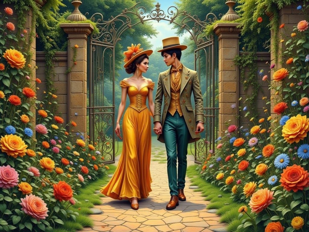 Elegant Couple Strolling Through Art Nouveau Garden