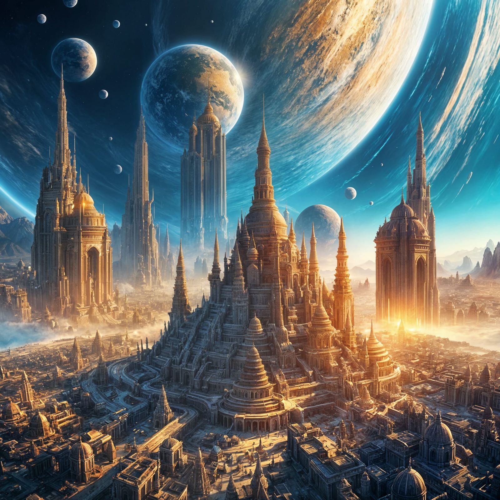 Planetary View from Space with Giant Temples