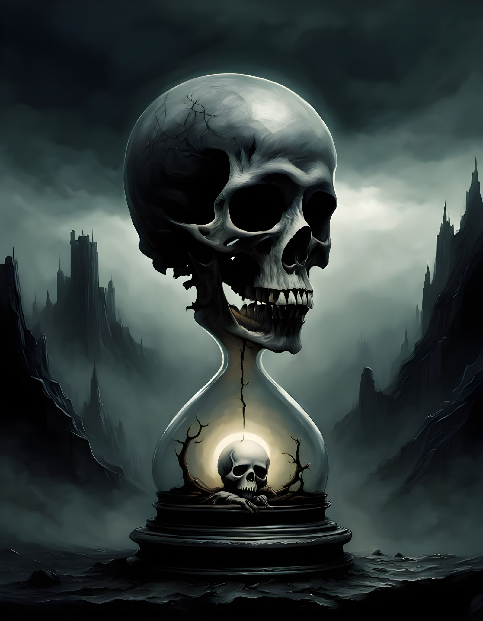 A Naked Baby Sits in a Sandglass, Contemplating Mortality