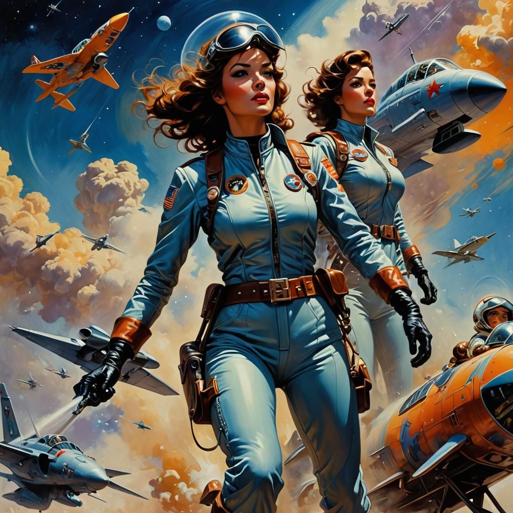 Heroic Female Pilots in Space Adventure Art