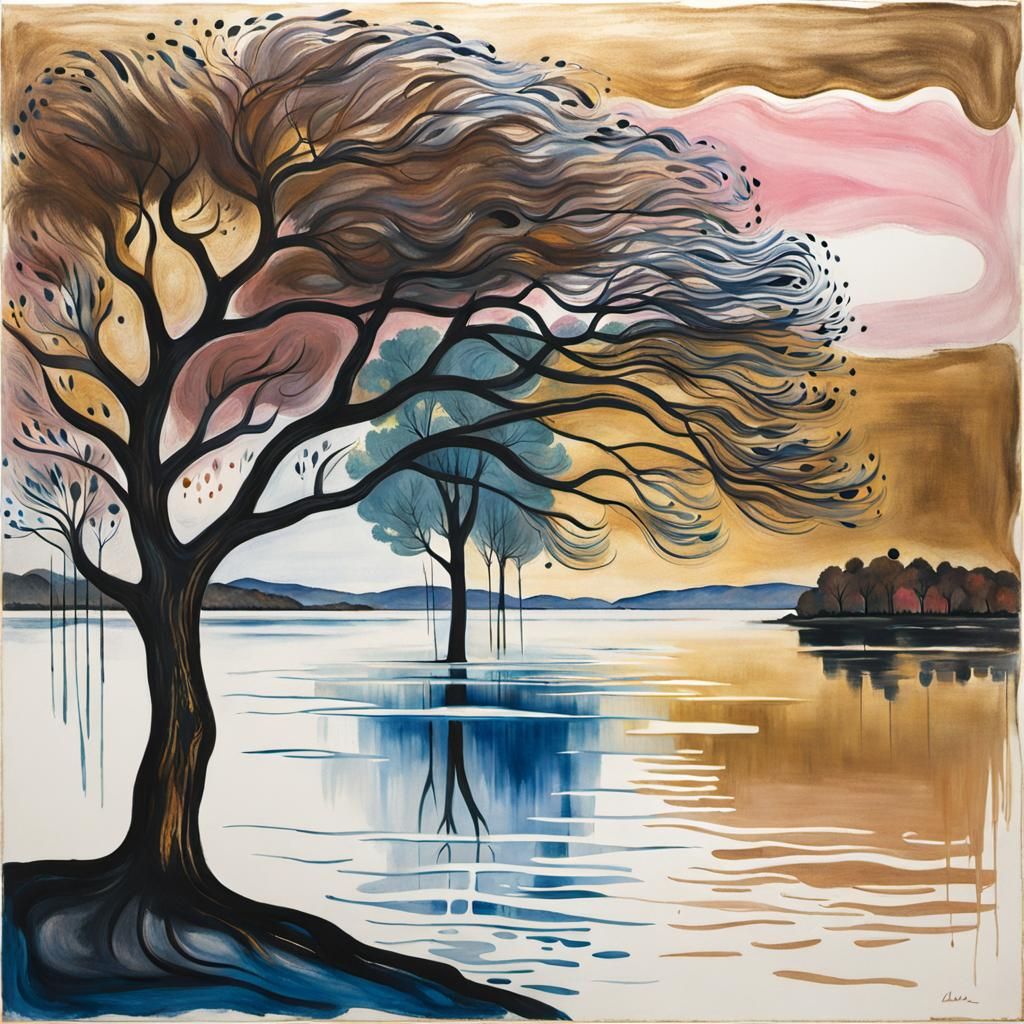 Tree by Water: An Edvard Munch-Style Painting