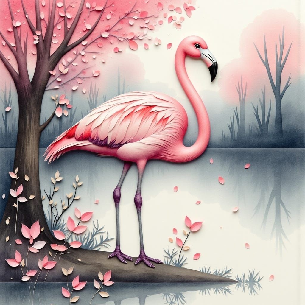 <lora:Paper Mosaic:1.0> watercolor vintage style Flamingo on...
