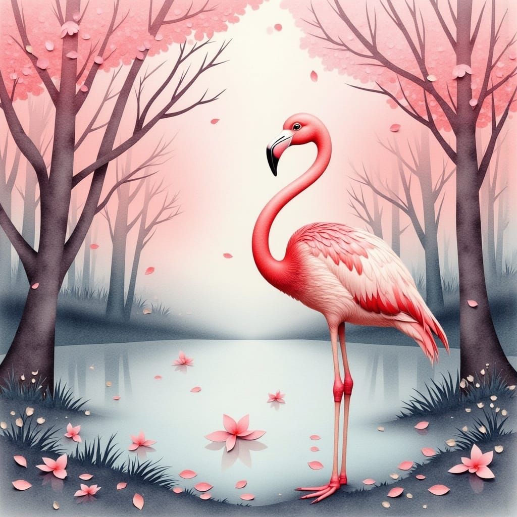 <lora:Paper Mosaic:1.0> watercolor vintage style Flamingo on...