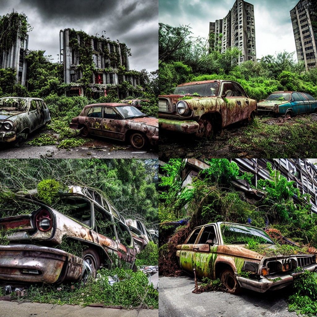 Overgrown Junkyard with Alien Buildings