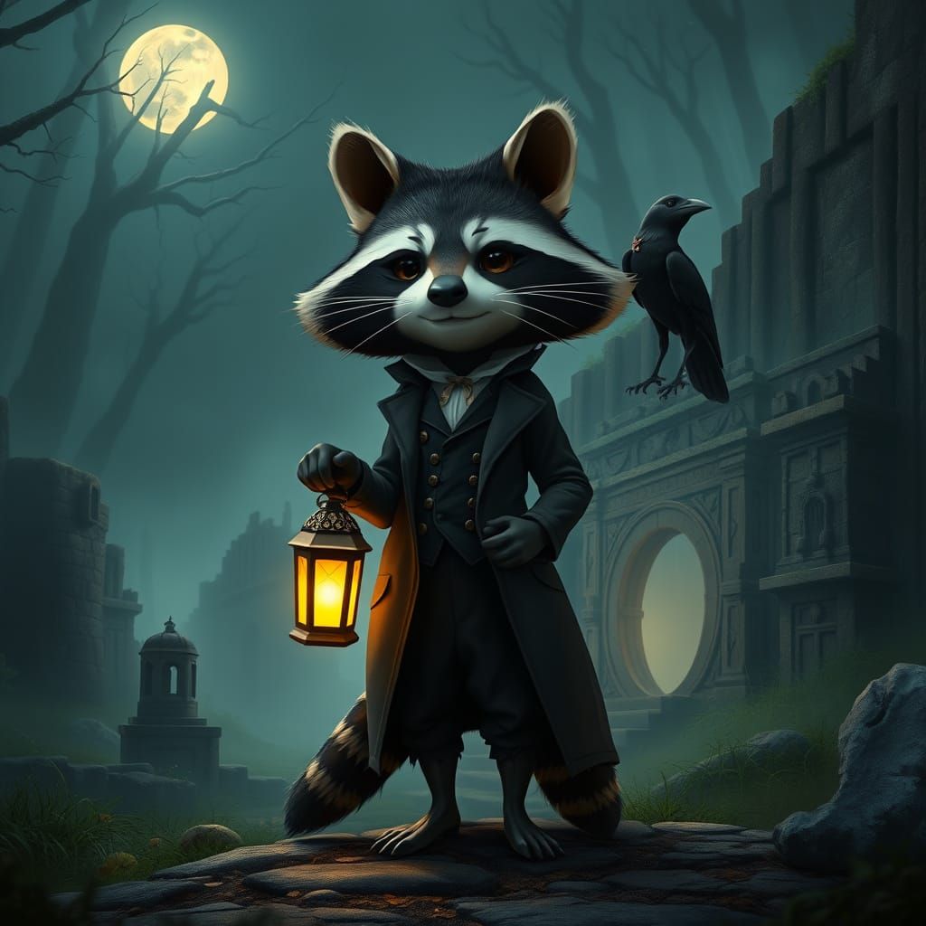 Victorian Raccoon Guardian in Moonlit Forest