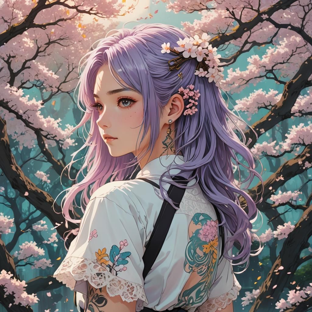 Punk Girl with Cherry Blossoms in Anime Style