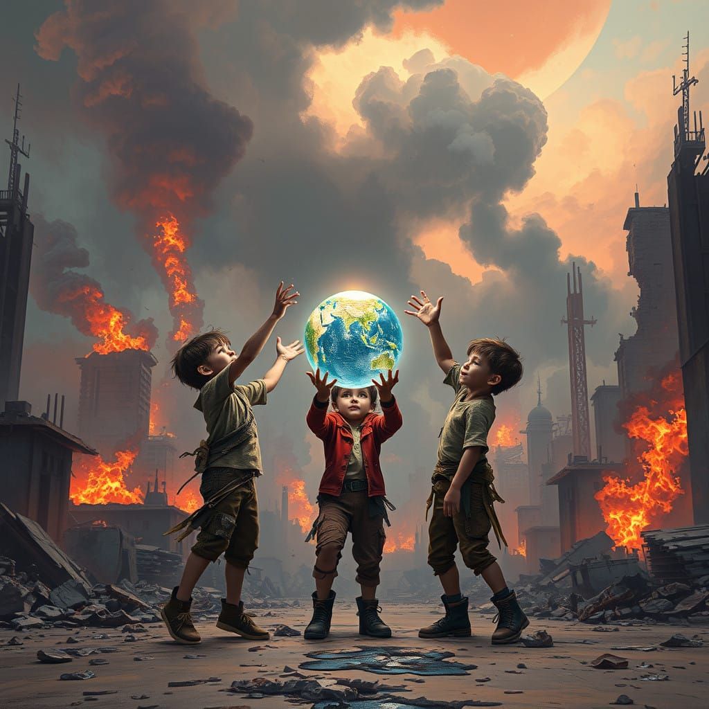 Surreal Post-Apocalyptic Boys Toss Glowing Orb in Ruins