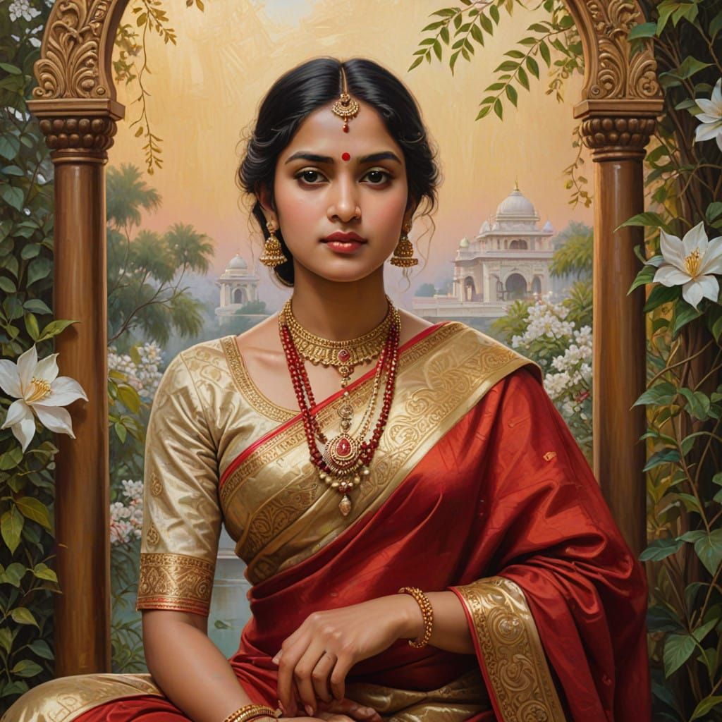 An intricately detailed oil painting inspired by Raja Ravi Varma's style, depicting a graceful Indian woman in tradition...