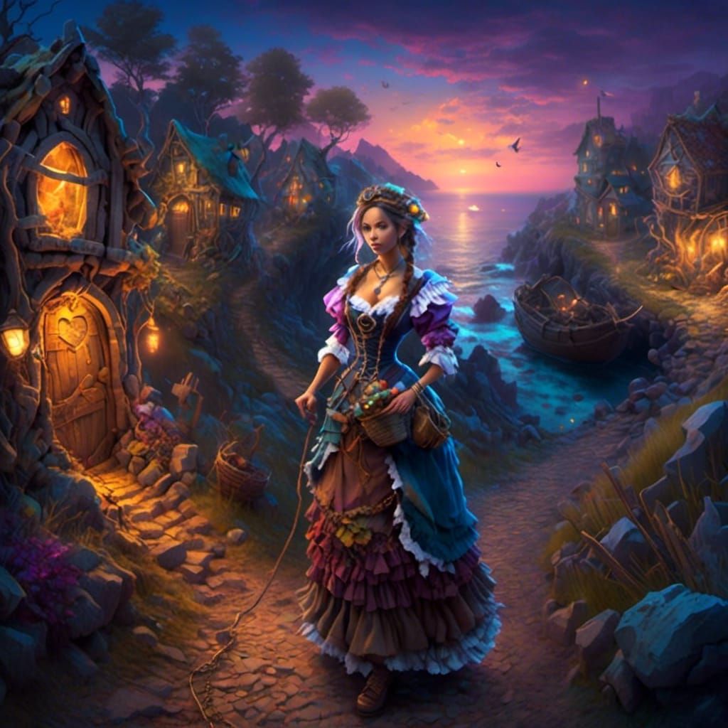 Romantic Seaside Village Scene in 1800s Style