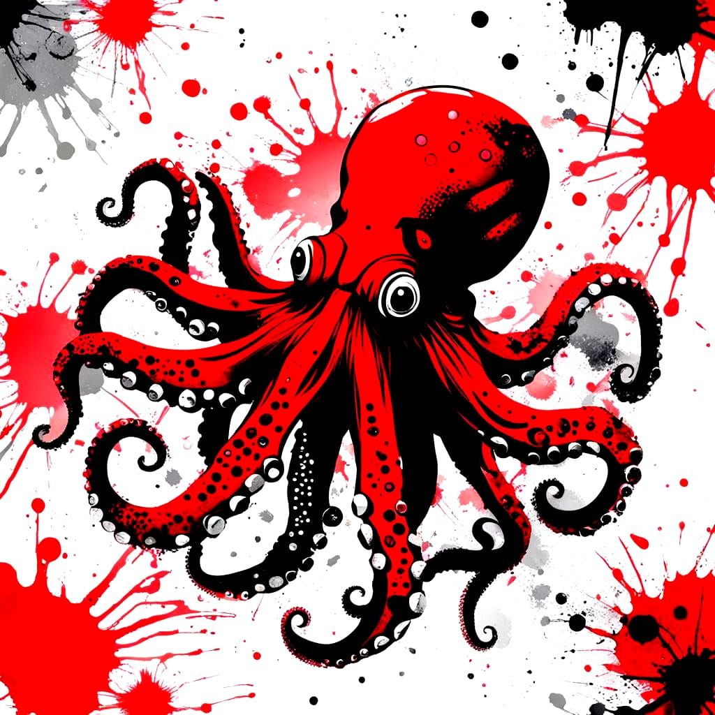 Red Color splash trash polka Octopus